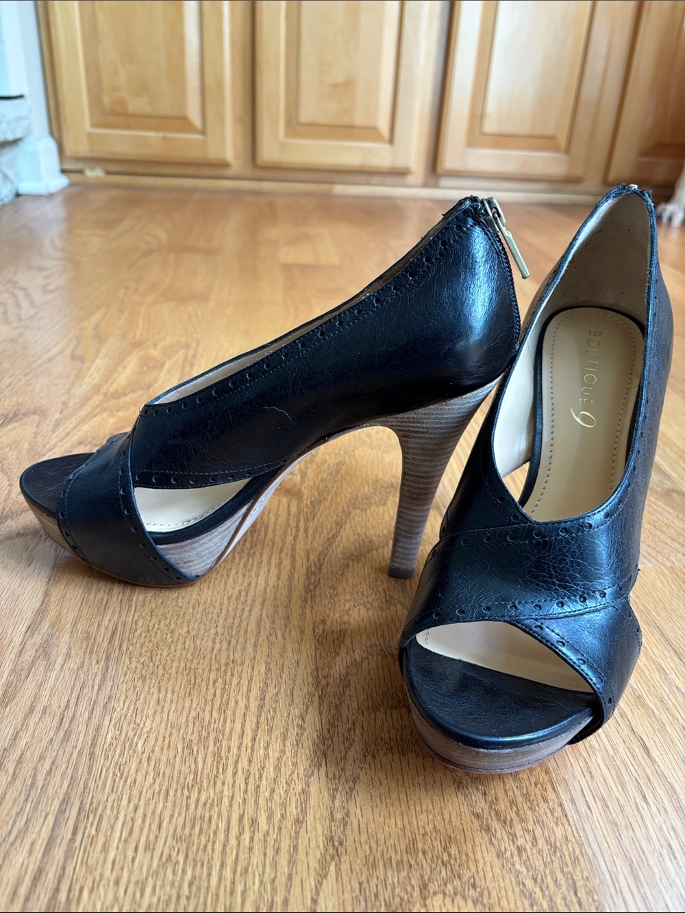 Boutique 9 Black Leather Peep-Toe Heels with Neutral Stacked Heel